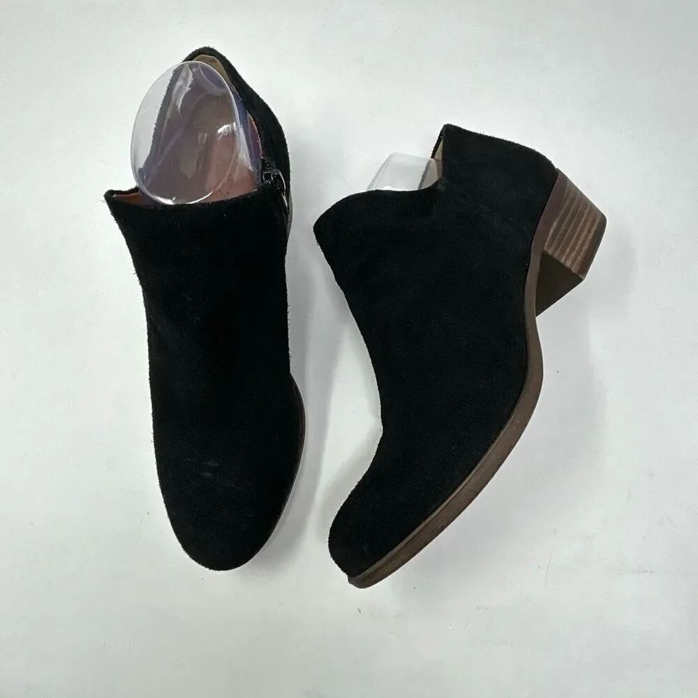 Lucky Brand Brett Black Suede Ankle Booties Women’s Sz 9 Side Zip Block Heel